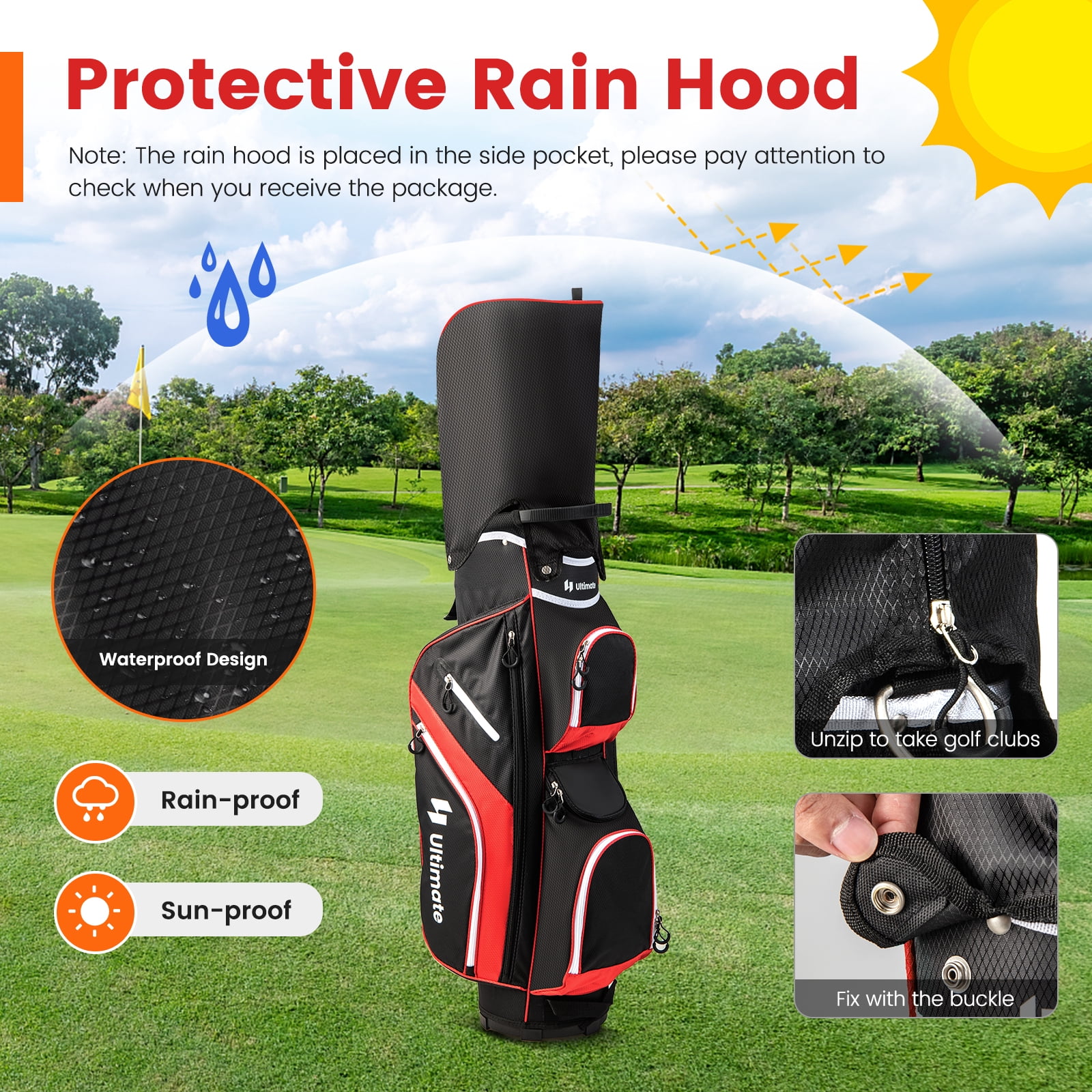 Topbuy 14-Way Golf Cart Bag Golf Club Bag with 14 Ways Organizer Divider Top 9 Zippered Pockets Cooler Bag Umbrella Holder Red