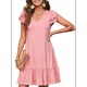 thumbnail image 3 of Vestidos de Verano para Mujer, con Volantes, Corta, Fruncido, Cuello en V, Informal, Holgado, Corte A, Minivestido Veraniego, Rosa, Talla S, 3 of 7