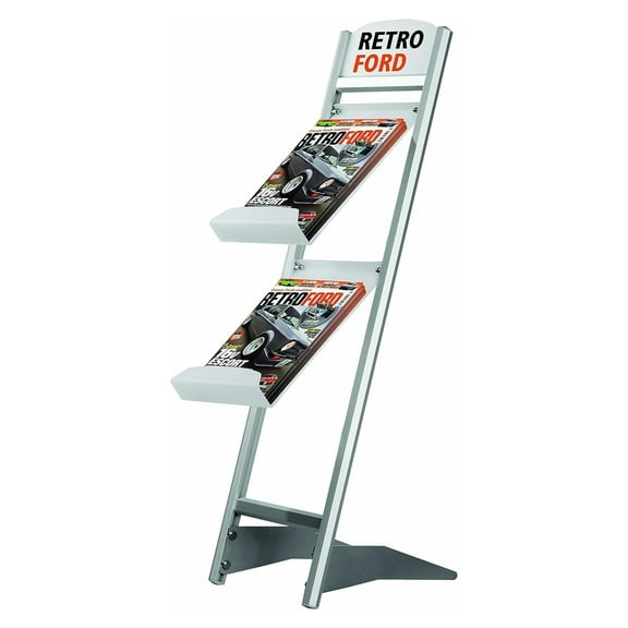 M&T Displays Countertop Brochure Holder 2 Tier 1 x 8.5x11 Inches Frosted Acrylic Shelf, Silver Aluminum profile with Header for Advertising Literature Magazine Leaflet Pamphlet Booklet Flier Catalog