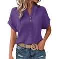 thumbnail image 4 of Women's Crinkled V-Neck Short Sleeve Top - Rolled Cuff Button Detail Casual Tee | Yubnlvae | Women's Fashionable And Casual Solid Color V Neck Wrinkle Cloth (Purple | 5XL), 4 of 9