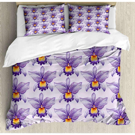 Violet Duvet Cover Set King Size, Tropical Orchid Flowers Watercolor Style Hawaiian Nature Inspirations, Decorative 3 Piece Bedding Set with 2 Pillow Shams, Pale Mauve Violet Orange, by Ambesonne