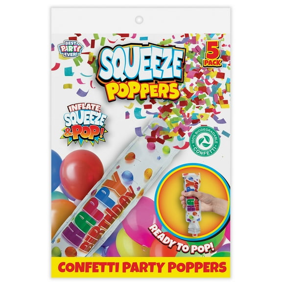 Best Party Ever, Happy Birthday Squeeze Party Popper, Biodegradable Confetti Paper, 5 Pack