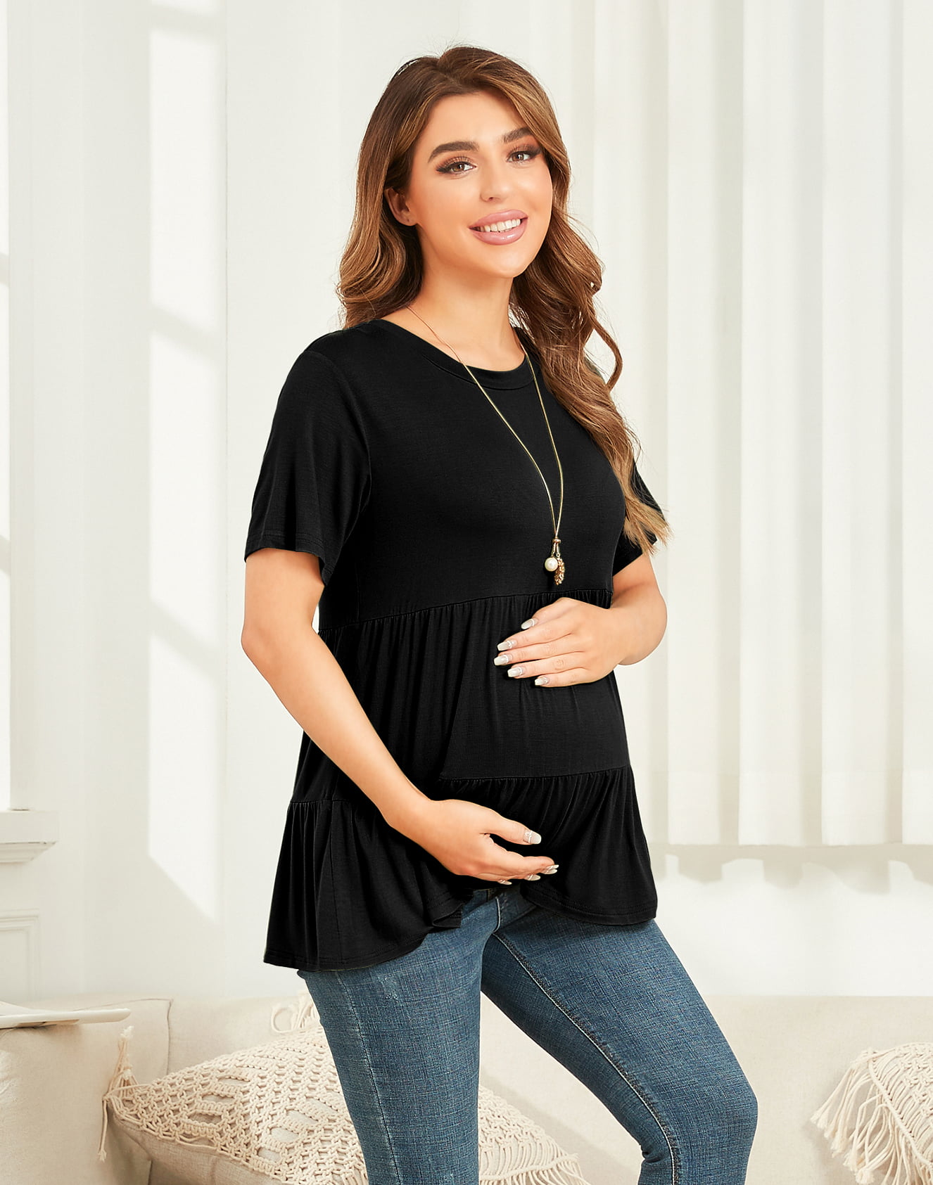 JuneFish Women's Maternity Short Sleeve Tiered Basic Casual Pregnancy Top 