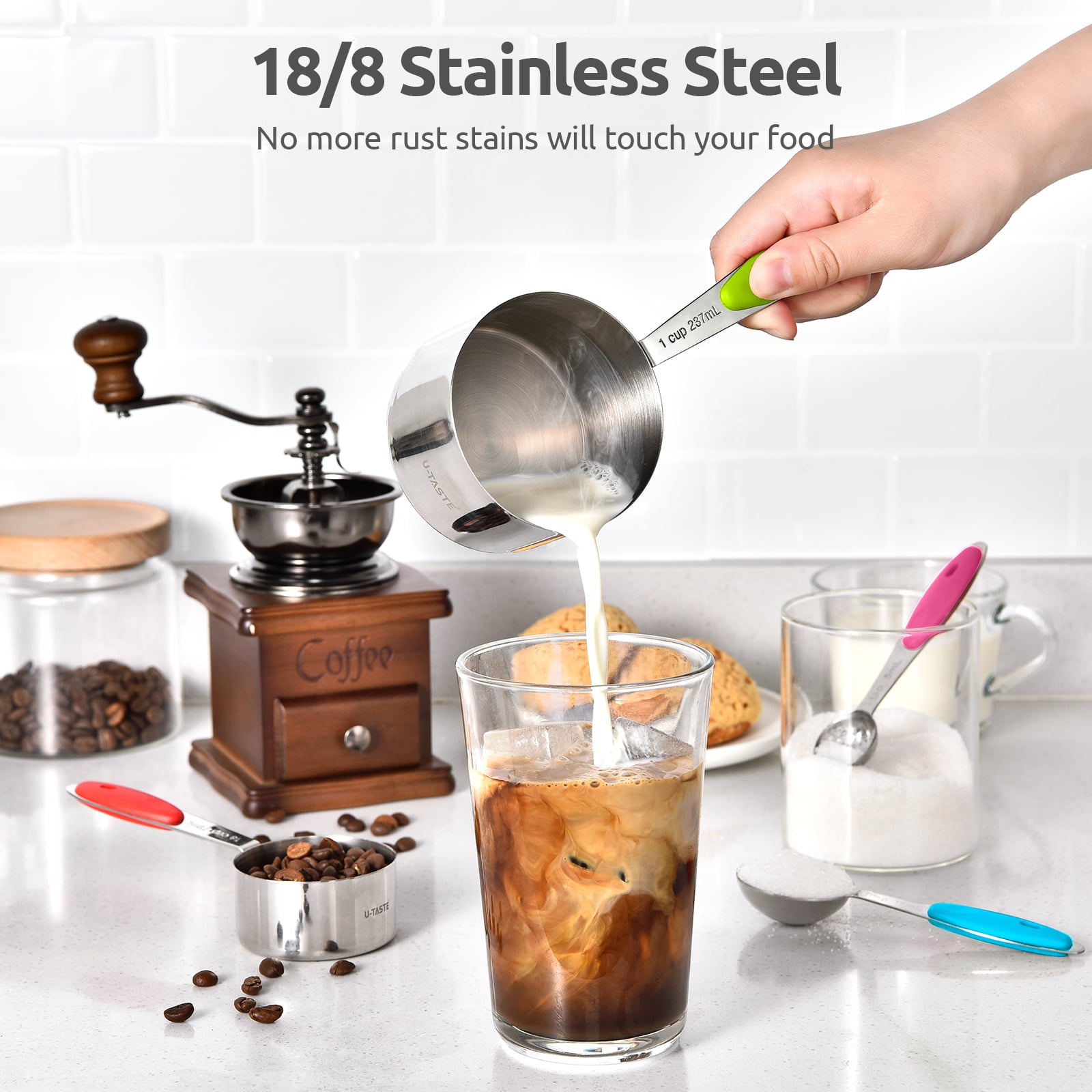 U-Taste 18/8 Stainless Steel Measuring Cups and Spoons Set: 12-Pcs Metal Stacking Measure Set for Baking Cooking with Strengthened Welds (Multicolor)