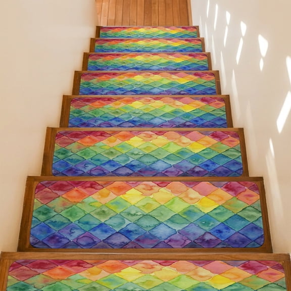 Stair Treads Non Slip Indoor for Wooden Steps, Rainbow Patchwork 10 Pcs Stair Mats for Kids Elders Dogs, 8 x 30 Inch Watercolor Colorful Diamond Art Carpet Treads Runner Rugs for Staircase