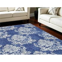 HomeRoots 550699 7 x 10 ft. Damask Distressed Non Skid Rectangle Area Rug, Navy Blue & Ivory