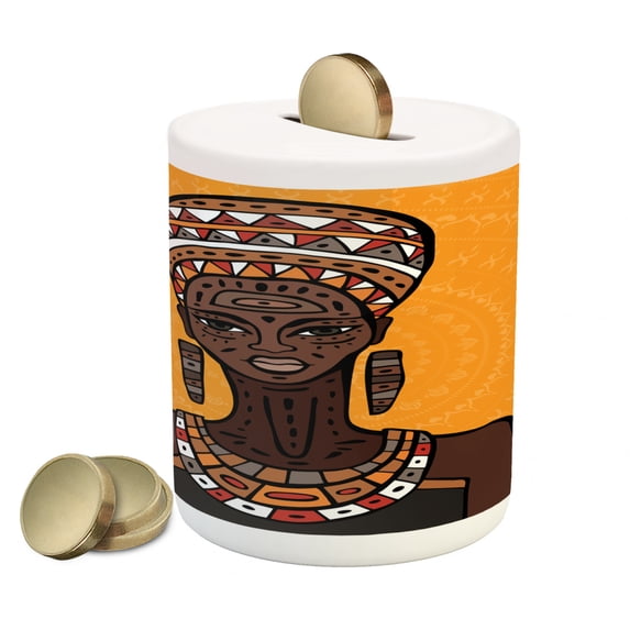 African Piggy Bank, Ethnographic Art Tribe Woman Long Neck Folk on Mandala, Ceramic Coin Bank Money Box for Cash Saving, 3.6" X 3.2", Multicolor, by Ambesonne