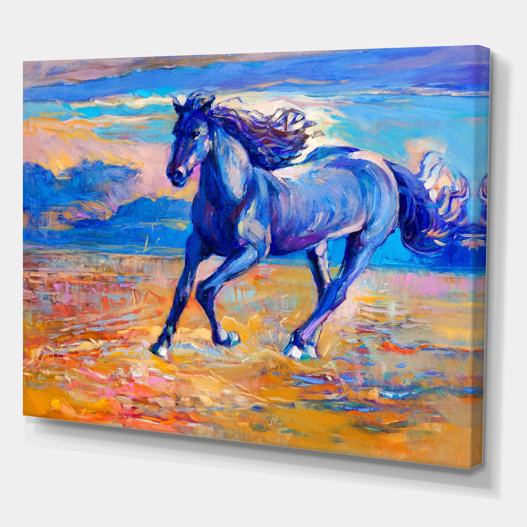 Designart ' Abstract Blue Horse Galoping Over The Prairie ' Farmhouse Canvas Wall Art Print