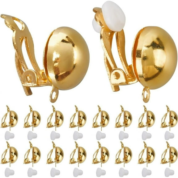 1 Box 40Pcs Clip On Earring Backs Gold Earring Converter Metal Brass Half Round Ball Non Pierced Ears Earrings Converters Setting with Plastic Clips