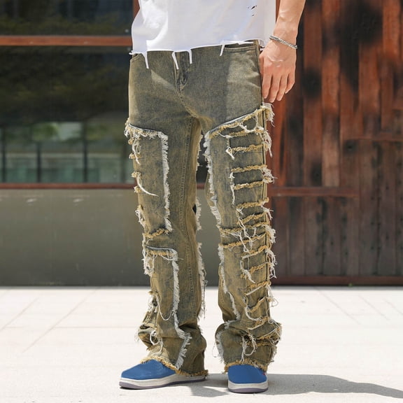 RYDCOT Stacked Jeans Men Risen Skinny Ripped Jeans Slim Fit Denim Pants Y2K Goth Harajuku Emo Jeans Trouser Coffee