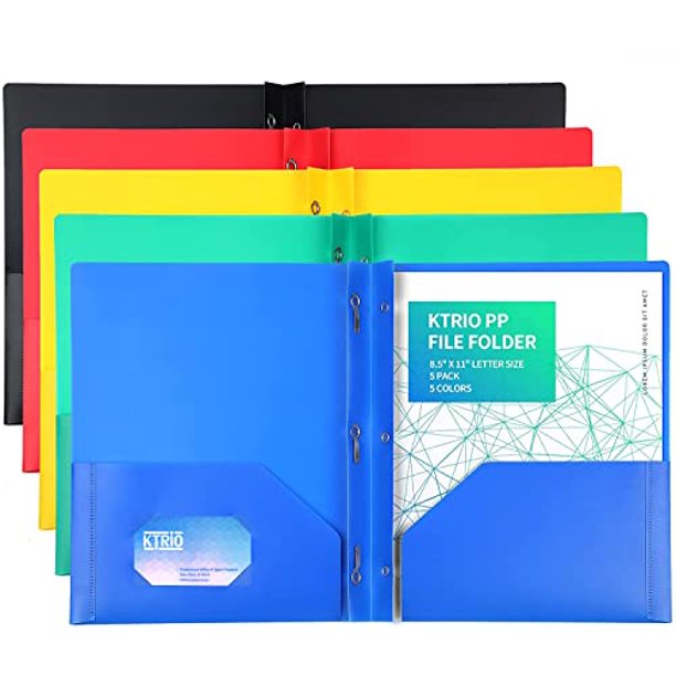 KTRIO File Folders Pocket Folders with Prongs (5 Pack, Assorted