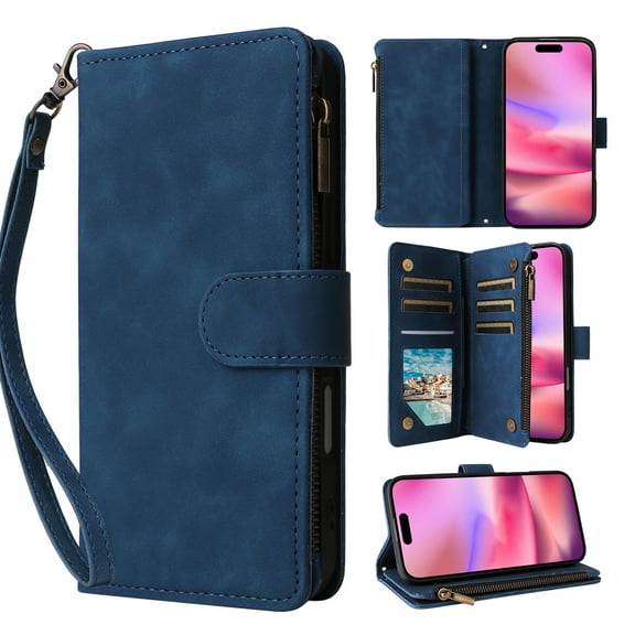 for iPhone 17 Pro Max Wallet Case with Card Holder & Zipper Pocket, PU Leather Flip Cover with Kickstand Magnetic Closure Shockproof Full Protection, Wrist Strap & Crossbody Shoulder Strap, Blue