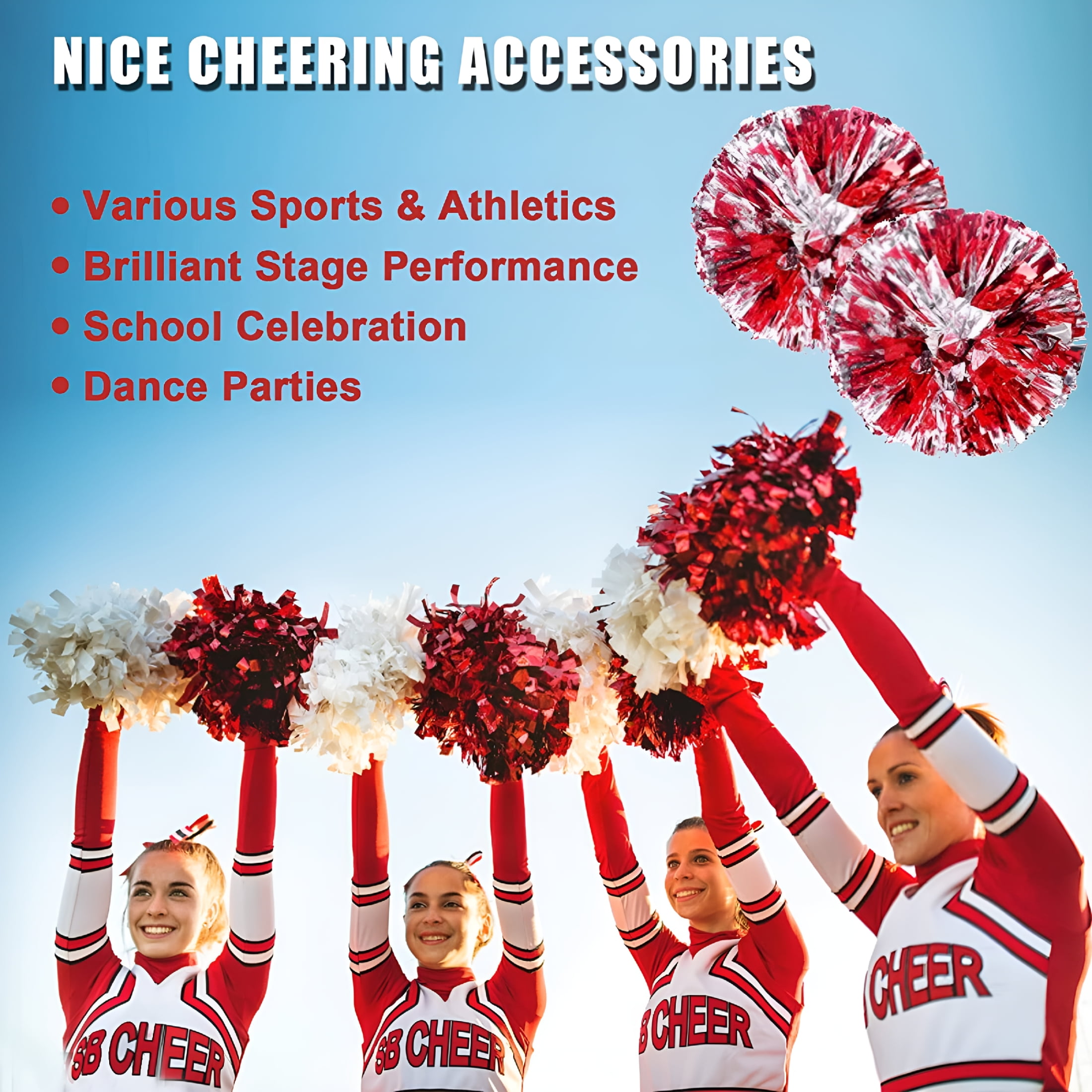 BESTSKY 2026 New 12Pcs Cheerleading Pom Poms with Finger Holes Metallic Foil Cheer Pom Poms for Dance, Matches, Team Spirit Sports, Stage Performance, Carnival Celebration (Blue Gold, Large)