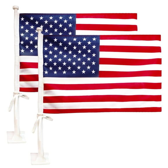 2 Pack  17" x 11"  USA Car Flag with Flagpole Mount American Flag Double Sided - 19" Flag Pole Fixed Window Clip Mount