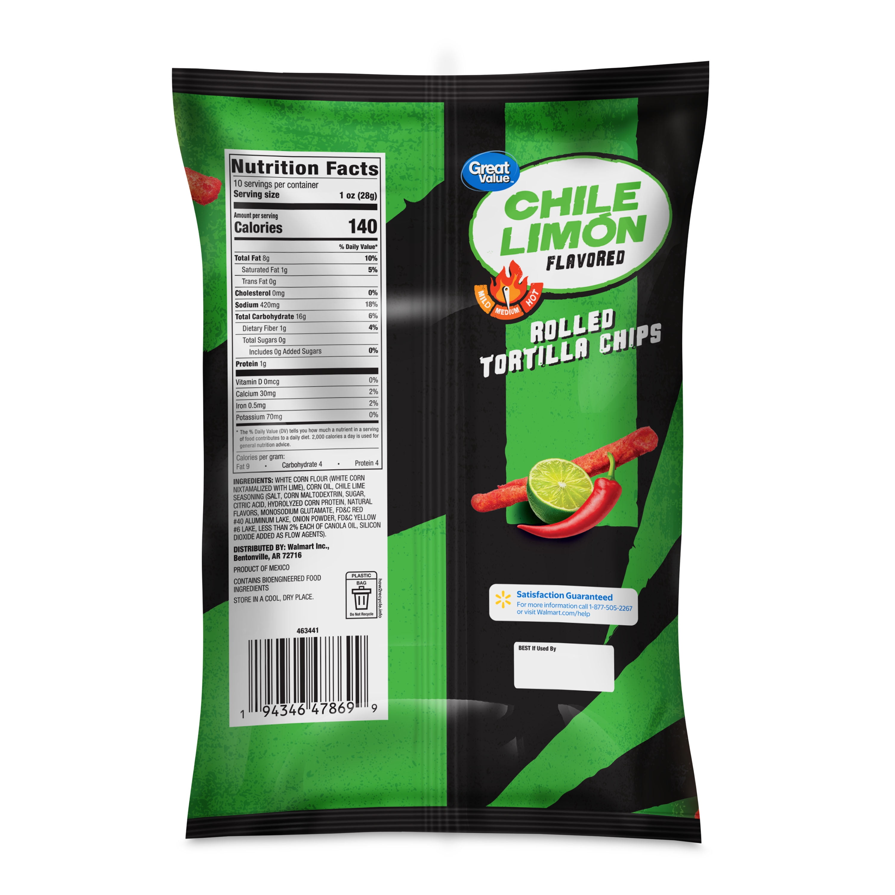 Great Value Chile Limon Flavored Rolled Tortilla Chips, 10 oz
