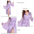 thumbnail image 4 of Mesh Bell Sleeve Feather Trim Cuff Robe Loungewear Women Home Elegant Satin Belted Bathrobe Sleepwear Purple S, 4 of 5