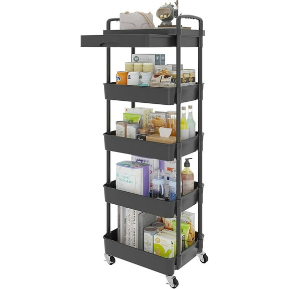 5-Tier Rolling Utility Cart with Drawer,Multifunctional Storage Organizer with Plastic Shelf & Metal Wheels,Storage Cart for Kitchen,Bathroom,Living Room,Office,Black