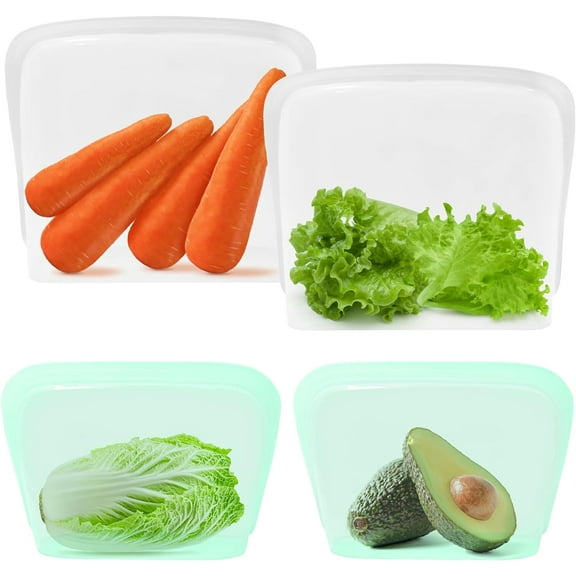 Extra Large Pure Silicone Bags 106fl oz - LFGB Certified Reusable Food Storage Bag - Stand up Gallon Bags for Cook Store Sous Vide - Oven Dishwasher Safe 44oz&106oz 4 Pack Clear&Green