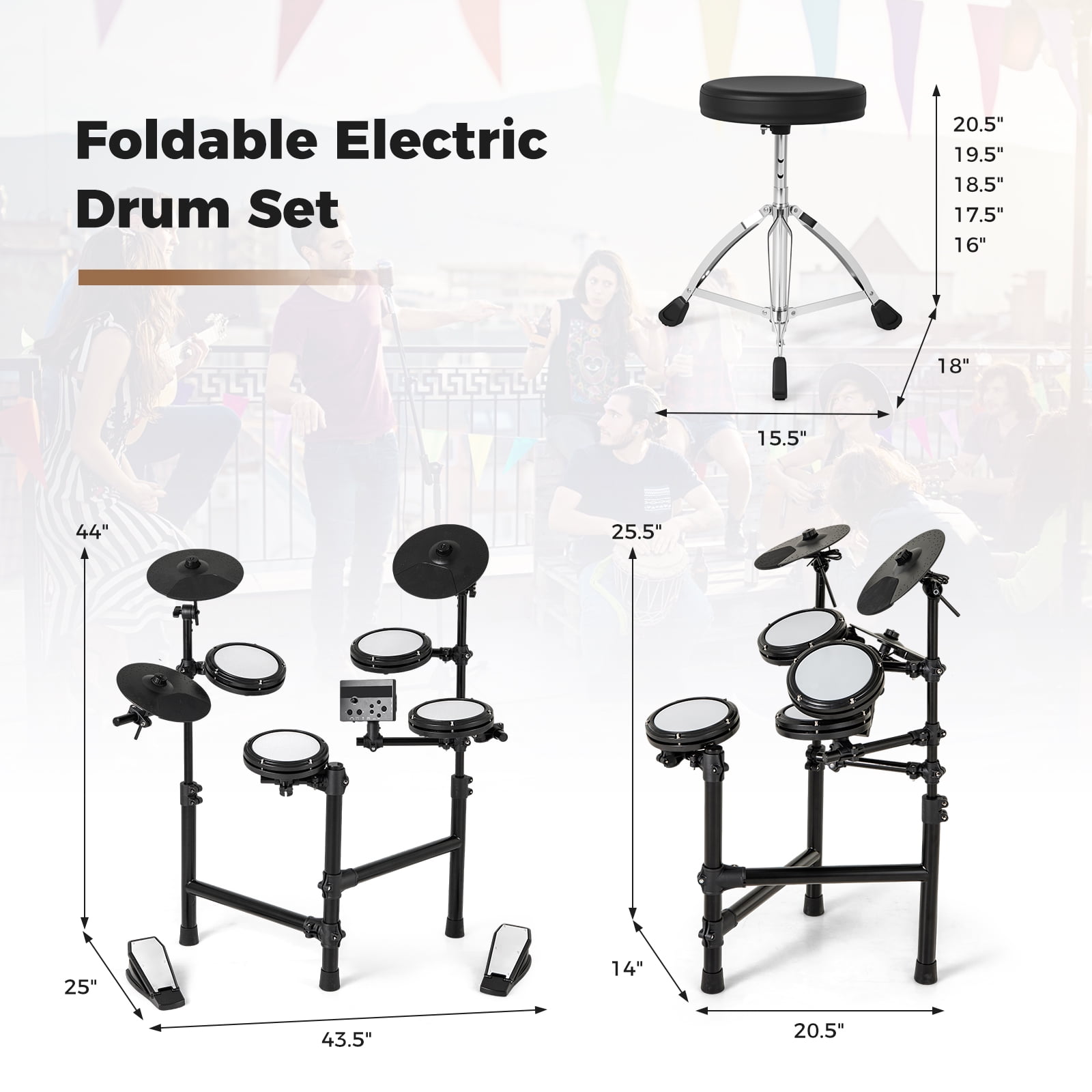 Gymax Electric Drum Set Foldable Drum Kit w/ 7'' Mesh Drum Pads 9.5'' Cymbals 10 Demos Black