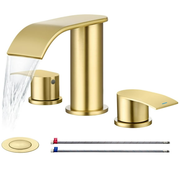 Ultimate Unicorn 8 inch Bathroom Faucet Brushed Gold, Waterfall Bathroom Sink Faucet with Metal Pop-up Sink Drain Stopper and 2 Supply Hoses,2 Handle Widespread Faucet f