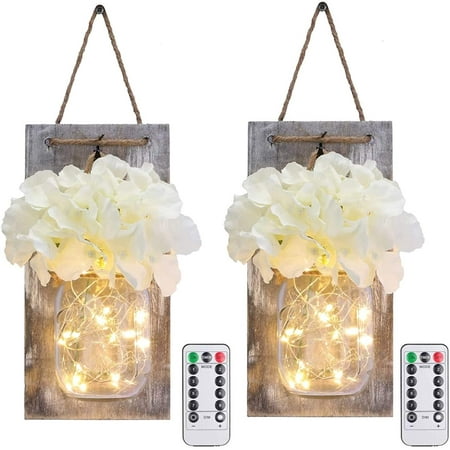 

Set of 2 LED String Lights Vintage Mason Jar Wall Sconce with Artificial Flower Wooden Decoration Rustic Fairy Lights for Halloween Wedding Room Wall Decor