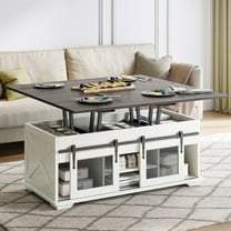 BELLEZE Lift Top Coffee Table, 44" Farmhouse Coffee Table with Storage & Sliding Barn Doors, 3 in 1 Multi-Function Coffee Table for Living Room, Dining Reception Room, Lawson - White Sand