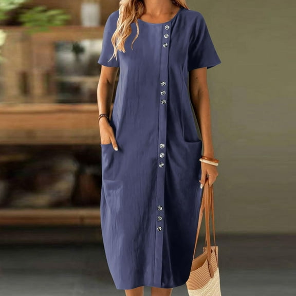Linen Dresses for Women Summer Short Sleeve Button Down Midi Dress Cre W Neck Solid Color Fashion Causal Beach Vacation Clothes with Pockets