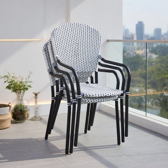 GVN Outdoor Kitchen Chair, Dinner Chairs,Set of 4 Patio Rattan Stackable Dining Chair with Armrest for Garden-White