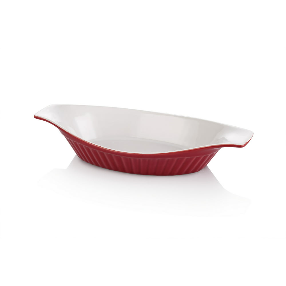Microwave Safe 2 -Piece Oval Ceramic Baking Dish Set, Red and White