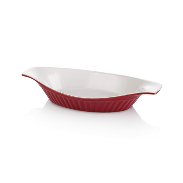 Microwave Safe 2 -Piece Oval Ceramic Baking Dish Set, Red and White