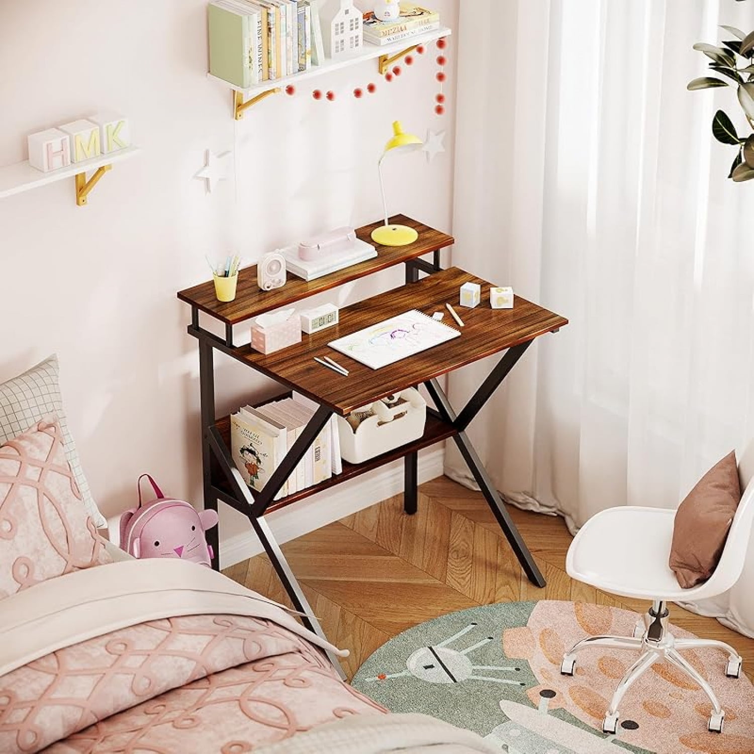 Small Desk, 27.5 Inch Small Computer Desk for Small Spaces, Compact Desk with Storage, Tiny Desk Study Desk with Monitor Stand for Home Office