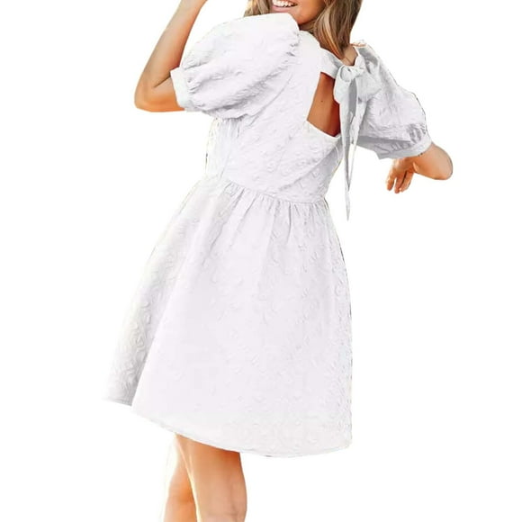 TSADFHJI Skirts for Women Midi Length Leather Summer Chic Solid Color Textured Short Puff Sleeve Dress for Women Elegant Knee Length Casual Fashion M White