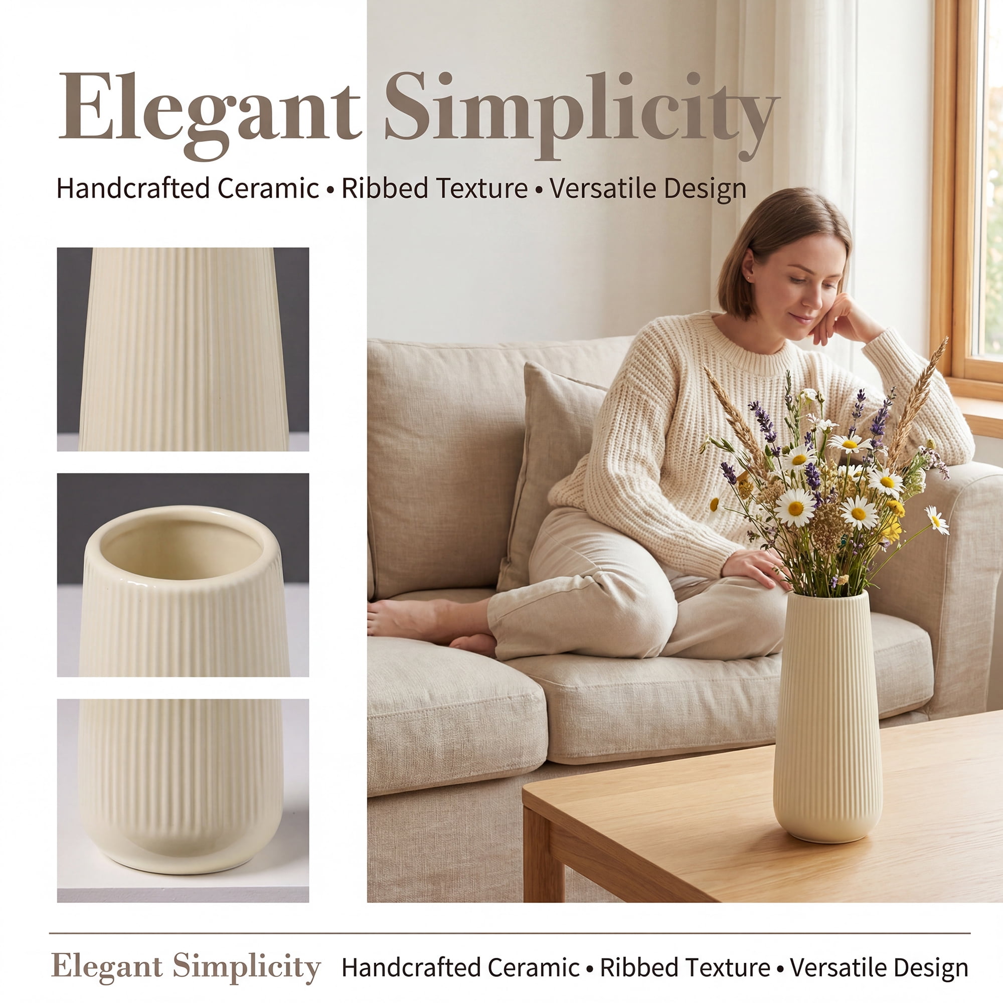 Unique Bargains Ribbed Ceramic Vase for Flowers Cream Yellow 3.5"L x 3.5"W x 7.9"H