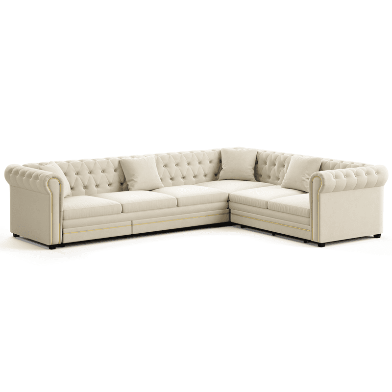 115.3" L-Shaped Sleeper Sofa with Pull-Out Bed, Velvet Sectional Couch with Gold Trim Rolled Arms, Chesterfield Tufted Convertible Sofa Bed with Deep Seats and Throw Pillows for Living Room