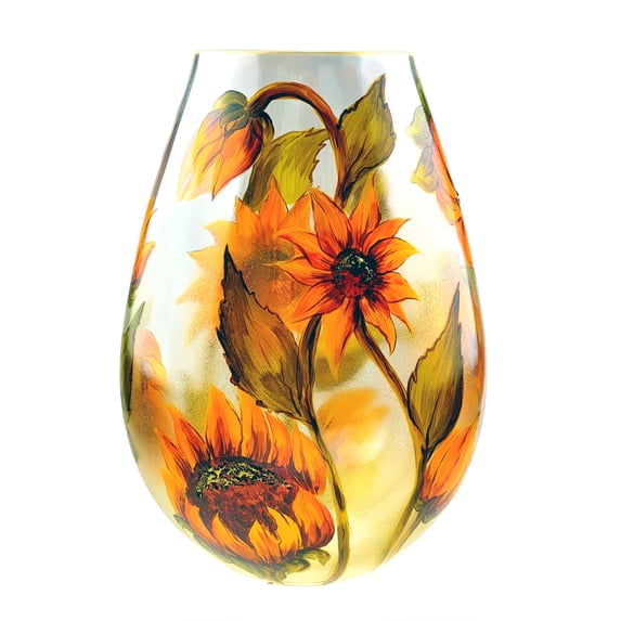 Victoria Bella 14.5-inch Decorative Vase with "Sunflowers, aged with gold leaf" Pattern, Glass Vase