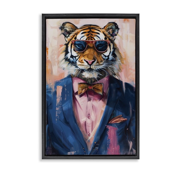 Stupell Industries Suited Tiger Modern Fashion Animals Painting Black Floater Framed Canvas Art Print Wall Art, 17 x 25