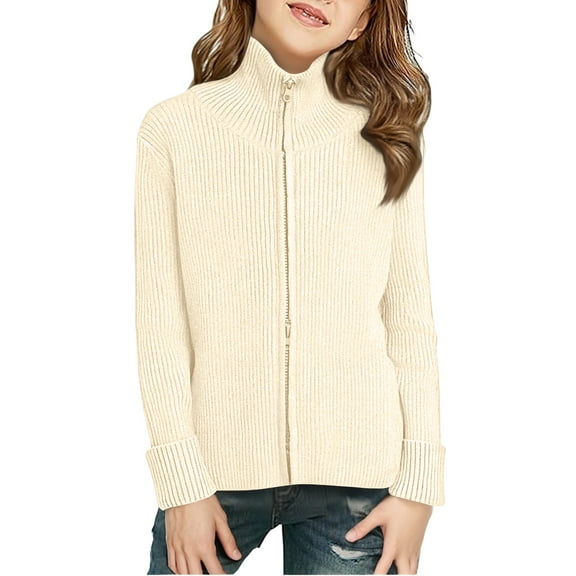 Girls Full Zip Ribbed Knit Cardigan Sweater with Stand Collar Long Sleeves Casual Outerwear for Kids