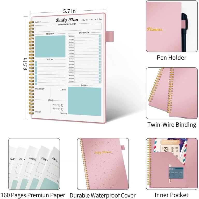 Daily Planner Undated, To Do List Notebook with Hourly Schedule Calendars  Meal, Spiral Appointment Organizers Notebook for Man/Women, Pocket,Pen  Loop