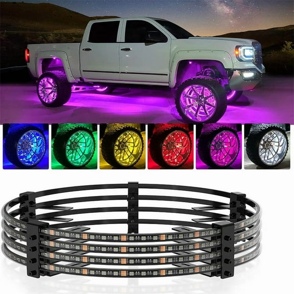 17.5" V1 RGBW LED Wheel Lights Kit with APP Control & Music Sync Turn Signal, Brake Function, Pure Colors Neon Wheel Rim Lights for Trucks, SUVs, Cars (4PCS, Single Row)