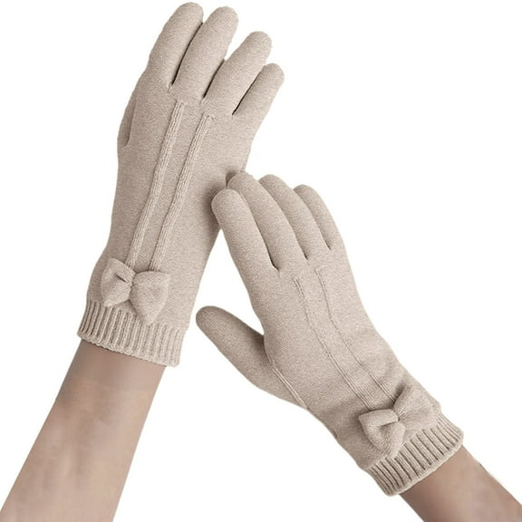 Womens Gloves for Cold Weather, Audhol Ladies' Winter Warm Bow Screen Finger Separated Cute Knitted Wool Five Finger Gloves Knit Gloves for Women Beige, One Size