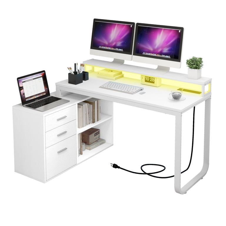 L Shaped Computer Desk Bush Home Cabot 60W With Storage In White, 60 ...