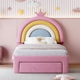thumbnail image 2 of Bellemave Twin Size Kids Bed with Rainbow Design and Storage Drawer, Princess Upholstered Platform Bed with Crown Headboard, Cute Twin Bed with Wooden Slats Support for Teens Girls Boys Bedroom, Pink, 2 of 8
