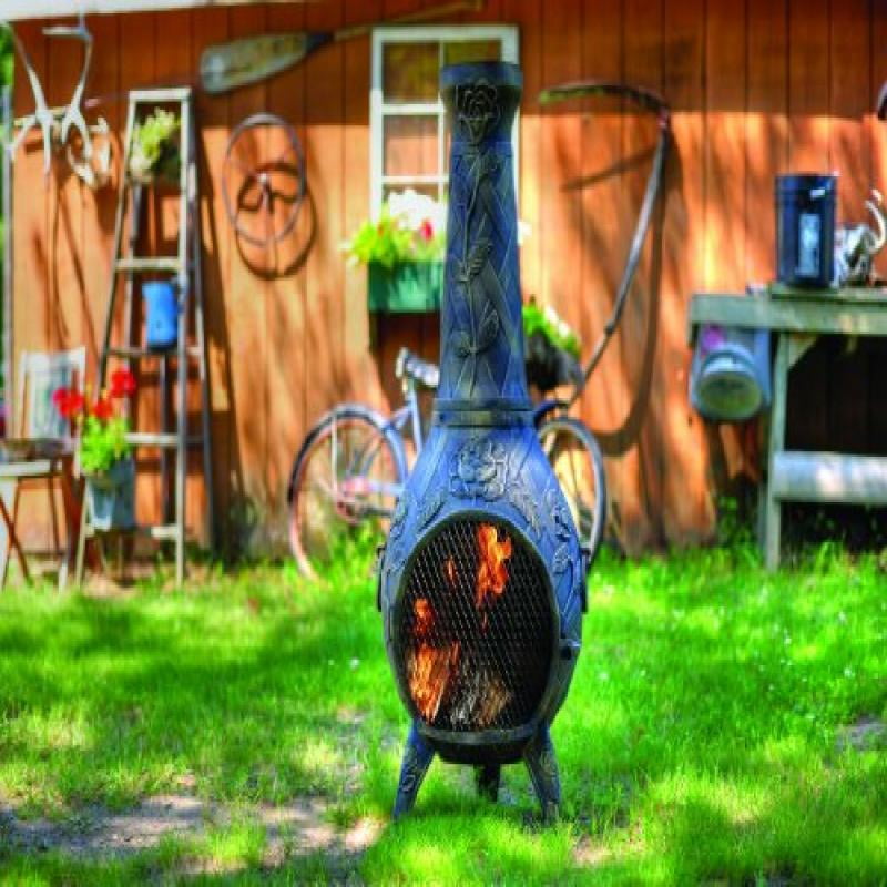 The Blue Rooster Co. Rose Style Cast Aluminum Wood Burning Chiminea in Gold Accent by