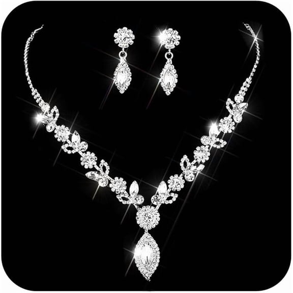 Wedding Jewelry Sets for Women Silver Bridal Rhinestone Necklaces and Earring for Brides