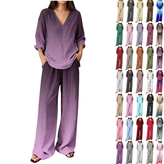 Gealkoca 2 Piece Sets for Women Casual Summer Travel Vacation Outfits Women Gradient Ombre Print 2 Piece Matching Set V Neck Long Sleeve Top Wide Leg Linen Pants Summer Casual Lounge Outfit