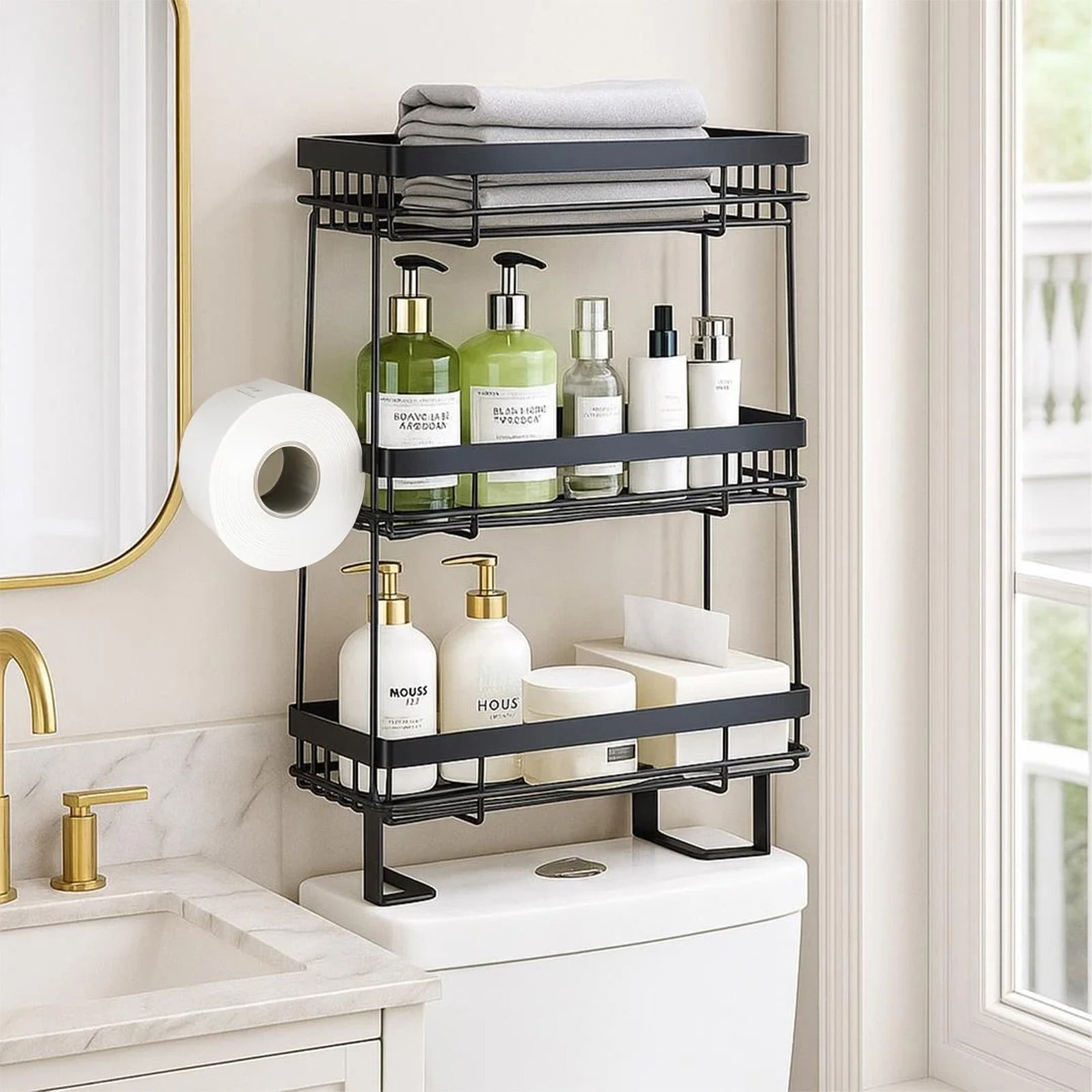 YOYTOO Over the Toilet Storage Shelf, 3 Tier Freestanding Bathroom Caddy Organizer Behind Toilet Stand Shelves Towel Rack with Toilet Paper Roll Holder, Black