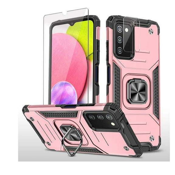 Xhy Samsung Galaxy A03S Case with Screen and Lens Protector Magnetic Ring Holder Kickstand Military Grade Full Body Double Layer Drop Protection Durable Detachable for Samsung A03S Phone - Rose Gold