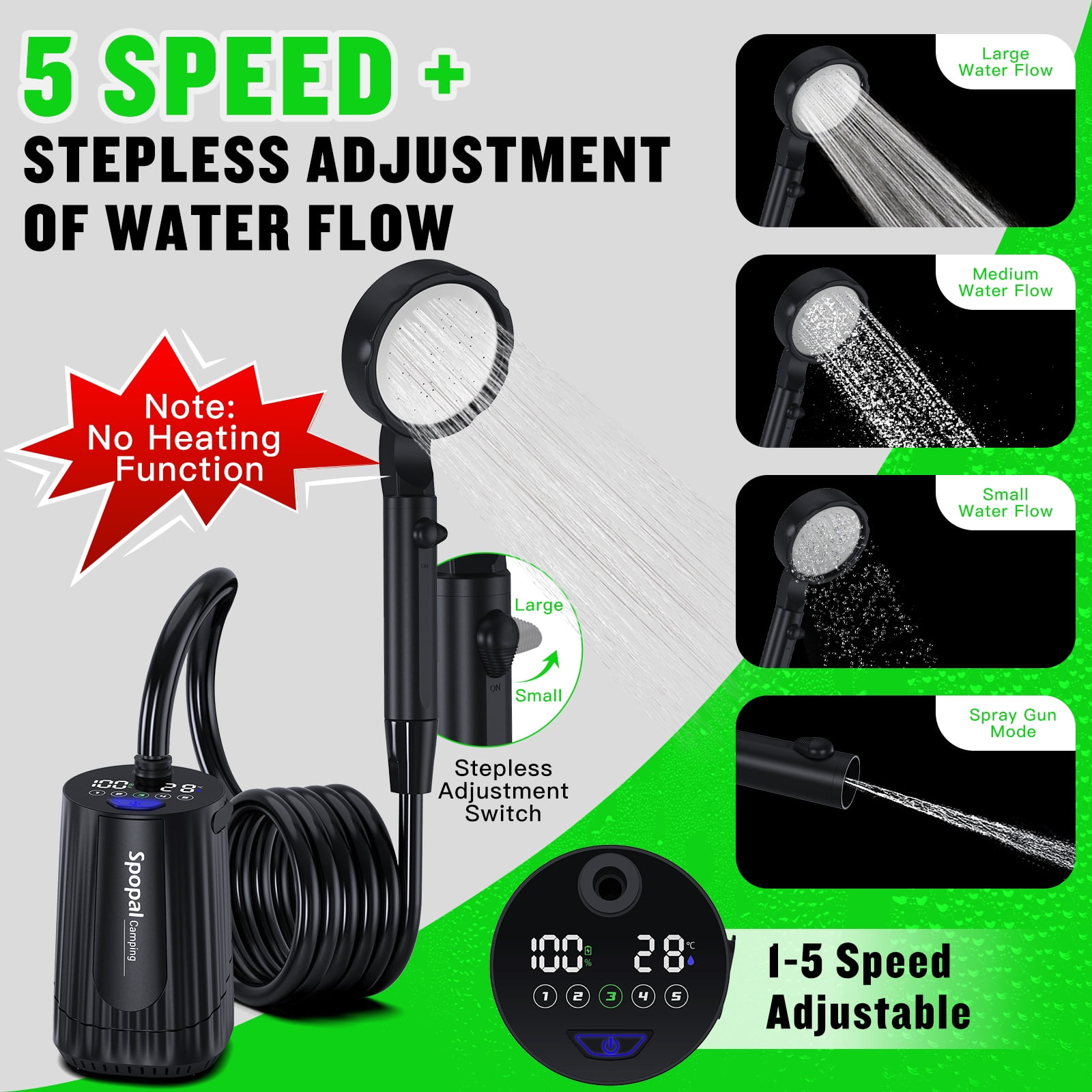 Spopal Portable Camping Shower, [Upgraded] 10000mAh Rechargeable, 5-Speed, LED Display, 3 GPM Powerful Spray, IPX8 Waterproof for Hiking Travel