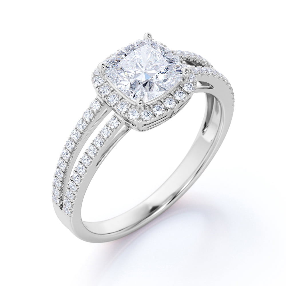 JeenMata 1.25 Carat Cushion Cut Moissanite - Halo - Split Shank Engagement Ring - 18K White Gold Plating Over Silver