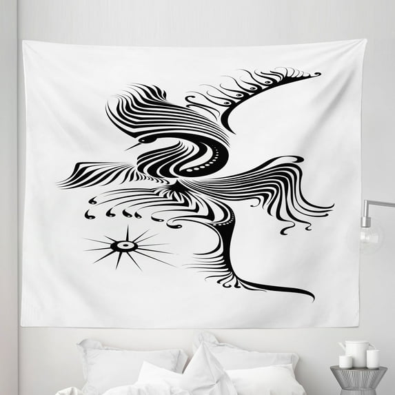 Feather Tapestry, Monochrome Abstract Phoenix Design with Curl and Swirls Motifs Mythical Animal, Fabric Wall Hanging Decor for Bedroom Living Room Dorm, 5 Sizes, Black and White, by Ambesonne